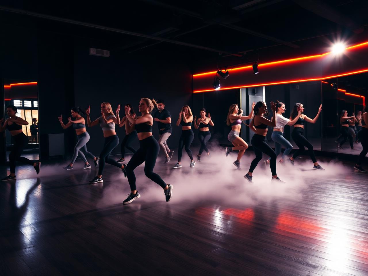 Group dance fitness class working out in a studio with accent lighting