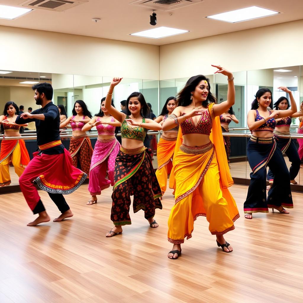 Bollywood dance class practising expressive choreography in a mirrored studio