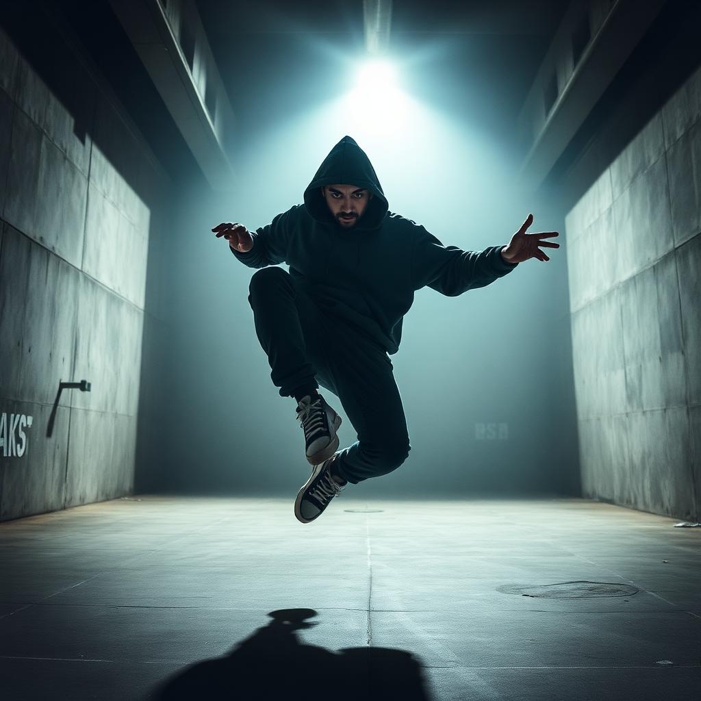 Freestyle dancer mid-air in an urban studio