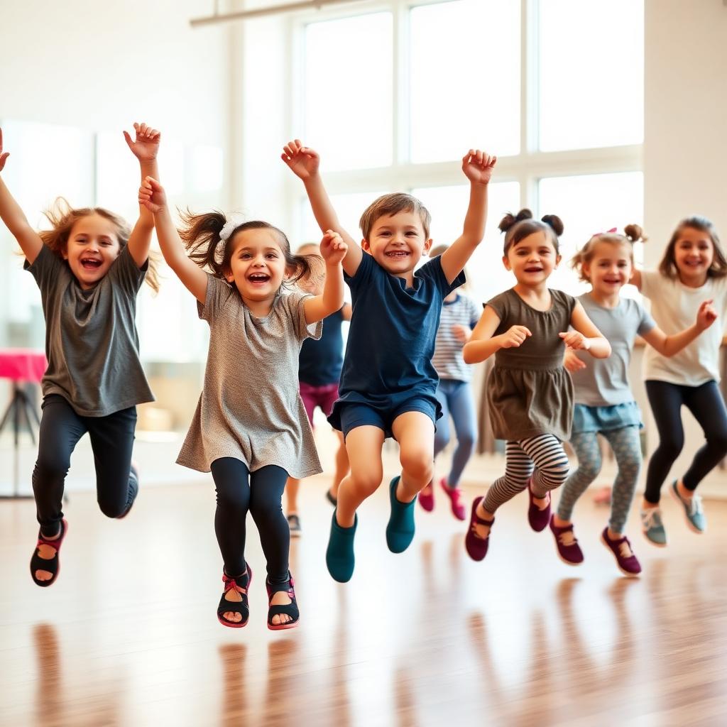 Children jumping and smiling during a kids dance class