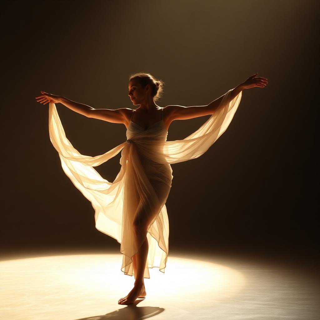 Lyrical dancer in a soft emotional pose under warm light