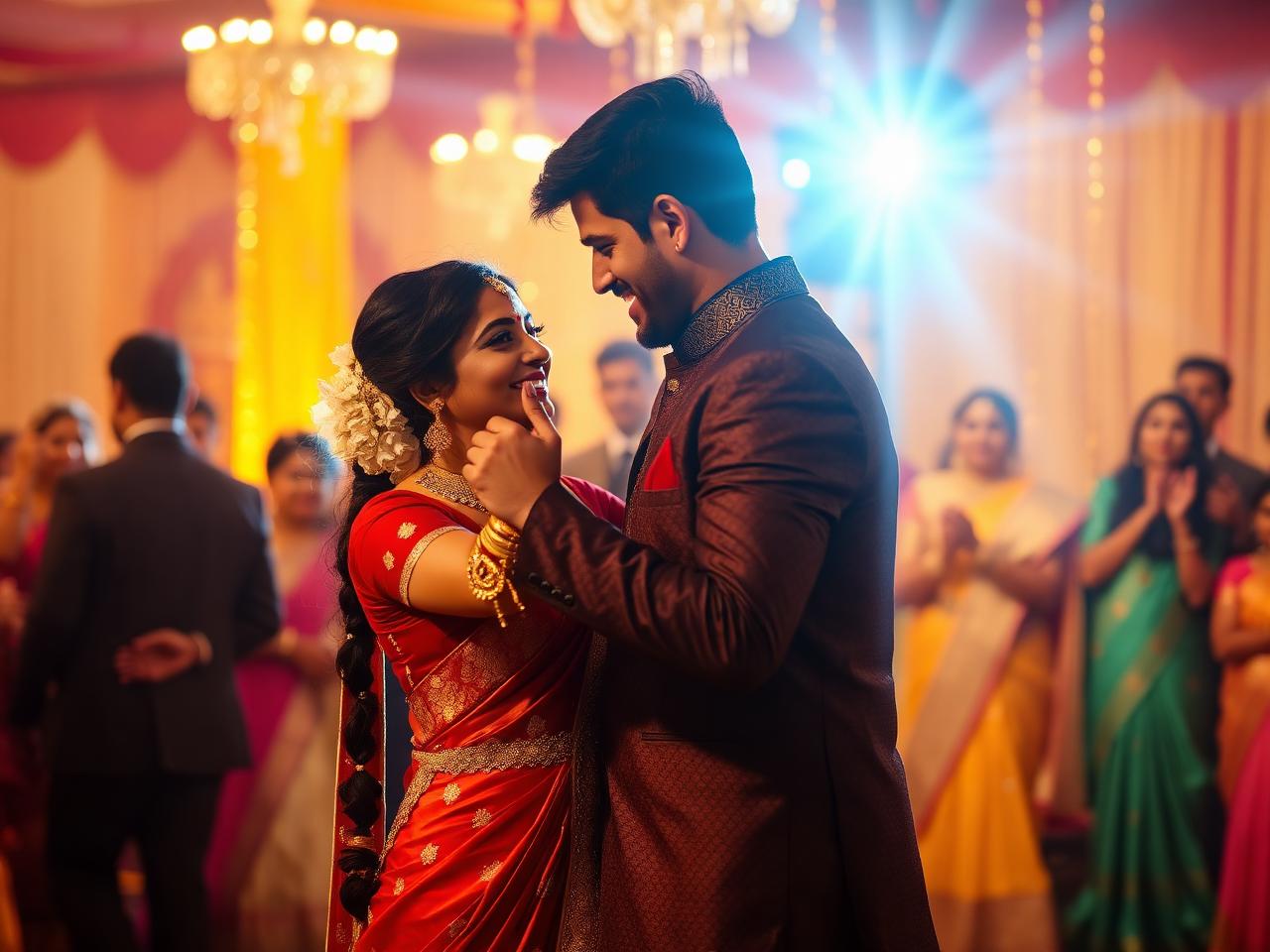 Couple dancing together during a sangeet wedding celebration